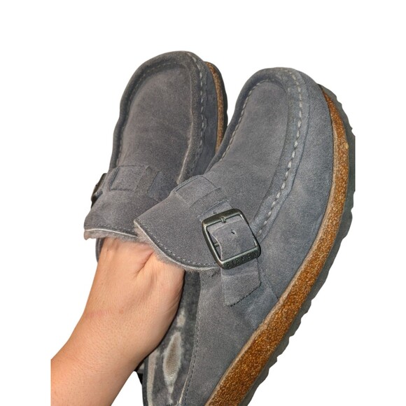 Birkenstock Buckley Shearling Suede Leather Sz 37 Women's 6 Gray Slip On Shoes - Picture 3 of 11